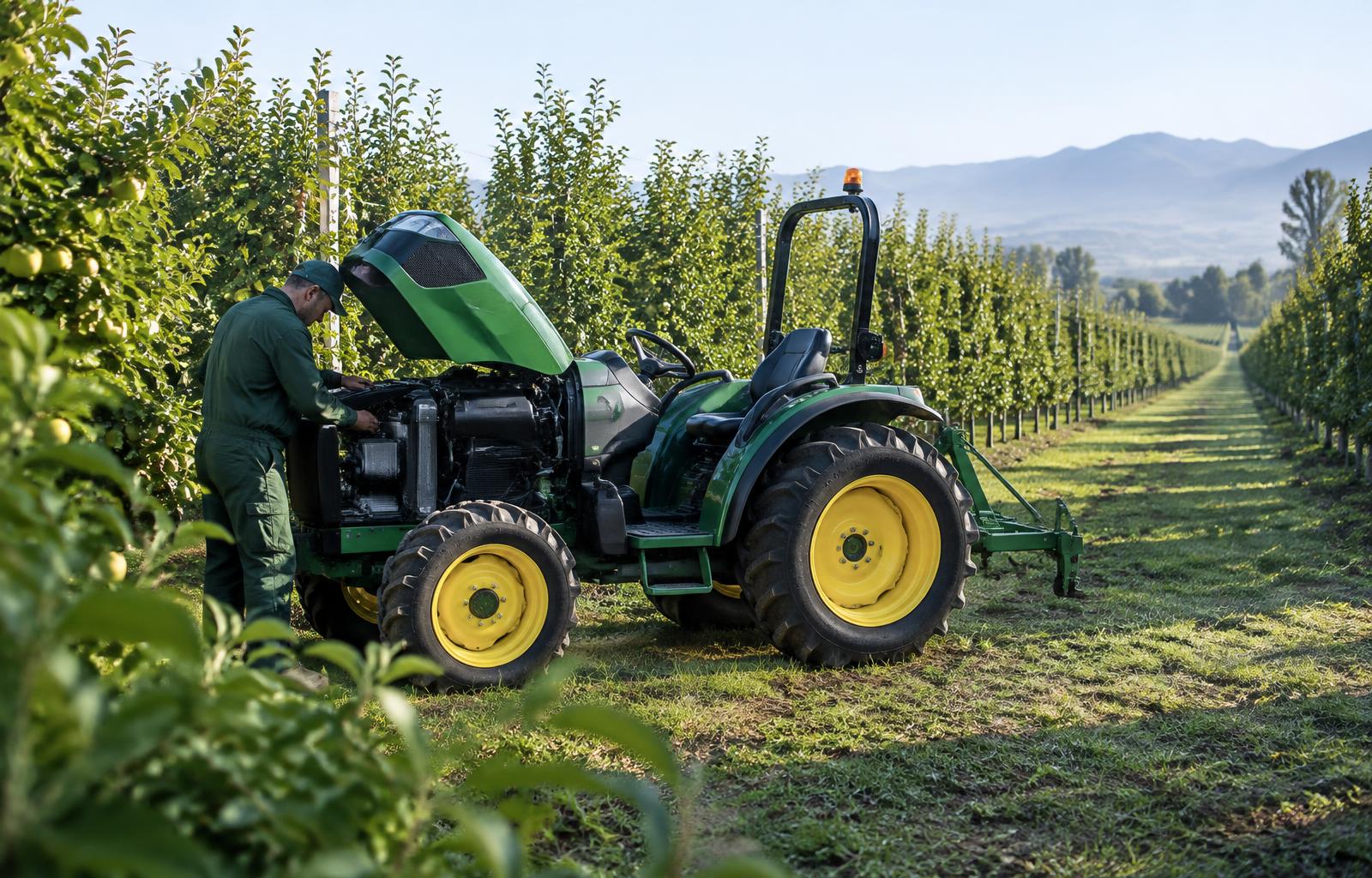 Mechanic servicing a compact orchard tractor among fruit trees